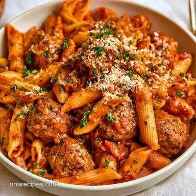 Creamy Meatball Pasta Slow Cooker Recipe Card
