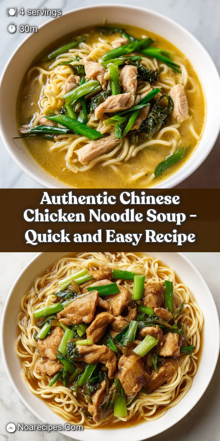 Macro shot of silky noodles and tender chicken pieces swimming in a glossy golden broth with fresh ginger slivers.