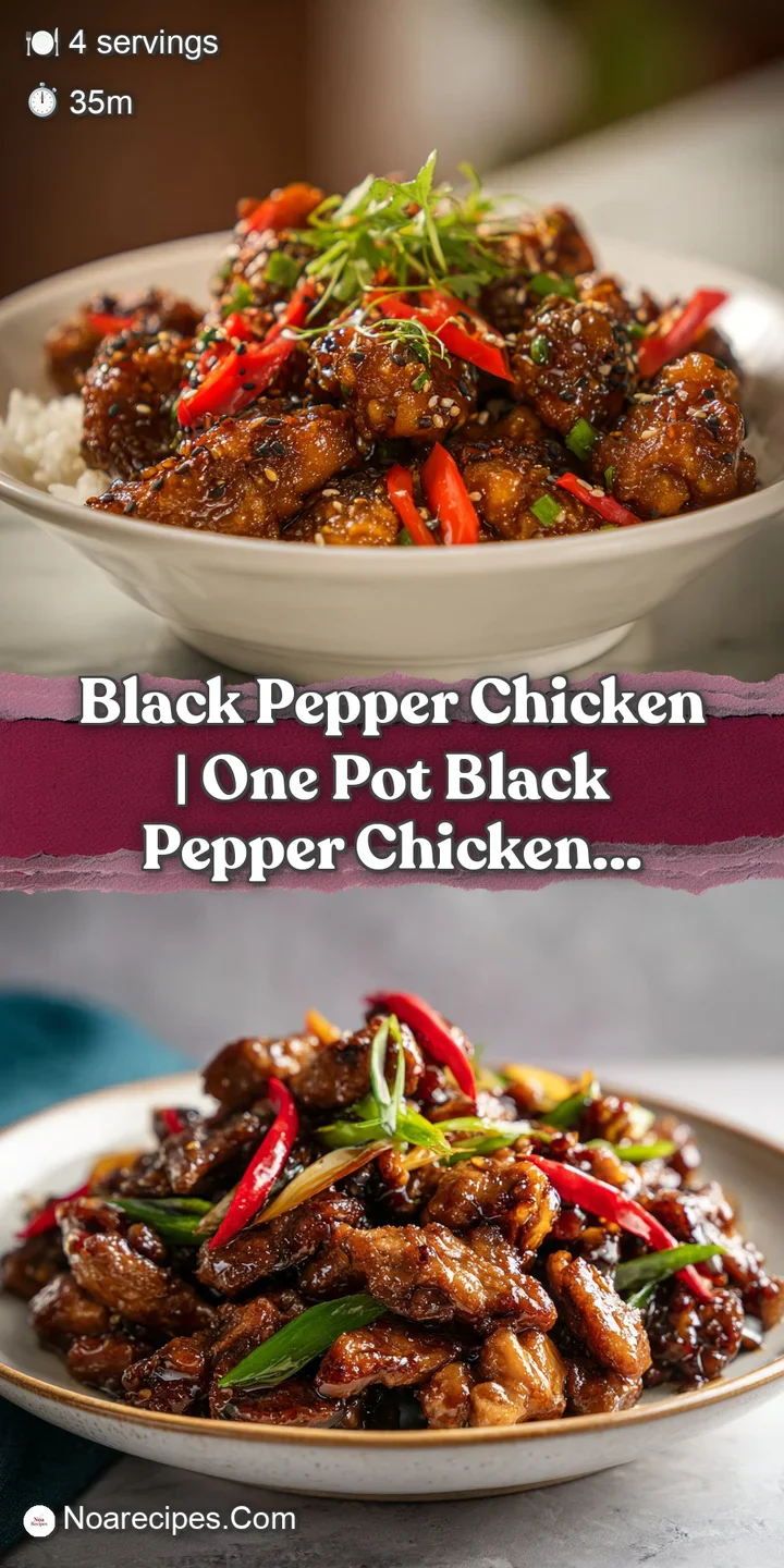 Close-up of juicy chicken glazed in rich, dark sauce, sprinkled with sharp black pepper and fresh scallions.