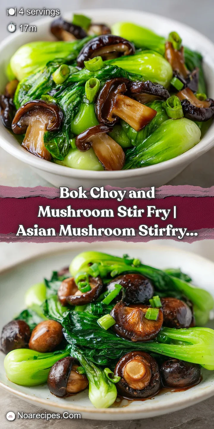 Close-up of glistening, tender bok choy stems and seared mushrooms coated in a rich, savory brown ginger-garlic glaze.