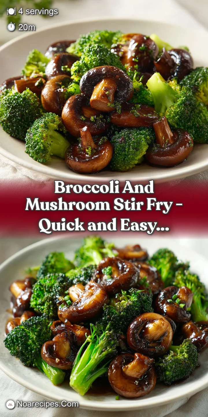 Close-up of glistening, sauce-coated broccoli florets and tender browned mushrooms with a sprinkle of toasted seeds.