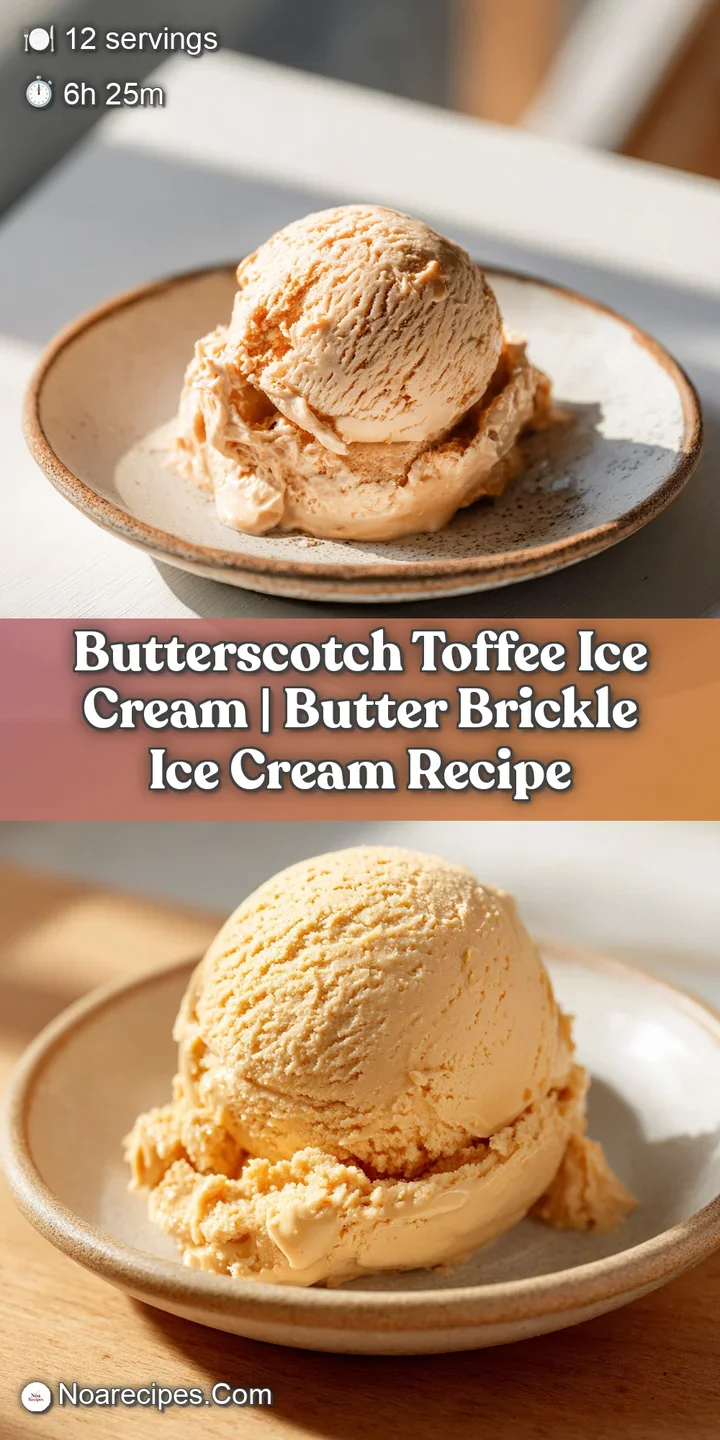Close-up of creamy butterscotch ice cream with glistening toffee pieces, highlighting its rich texture.