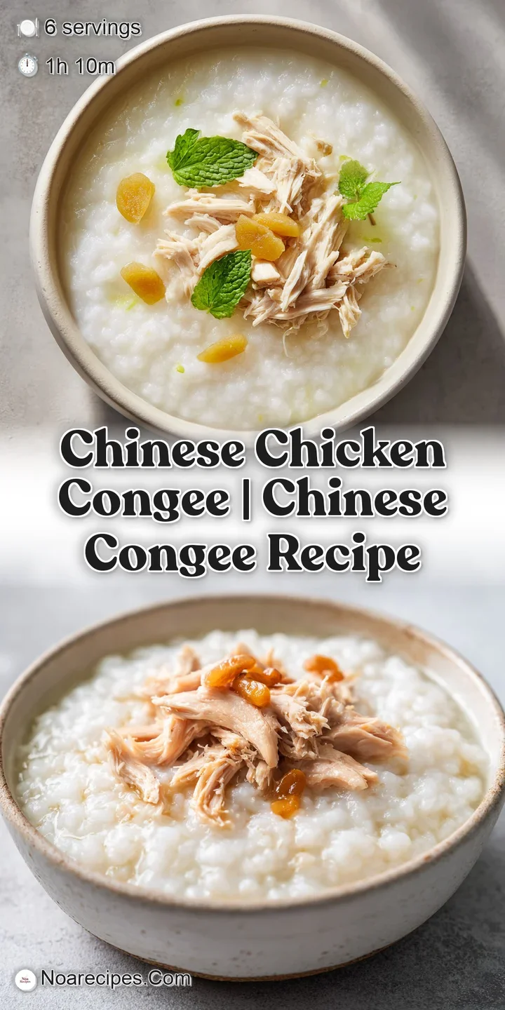 Close-up of tender shredded chicken nestled in silky white porridge with toasted sesame seeds and green scallions.