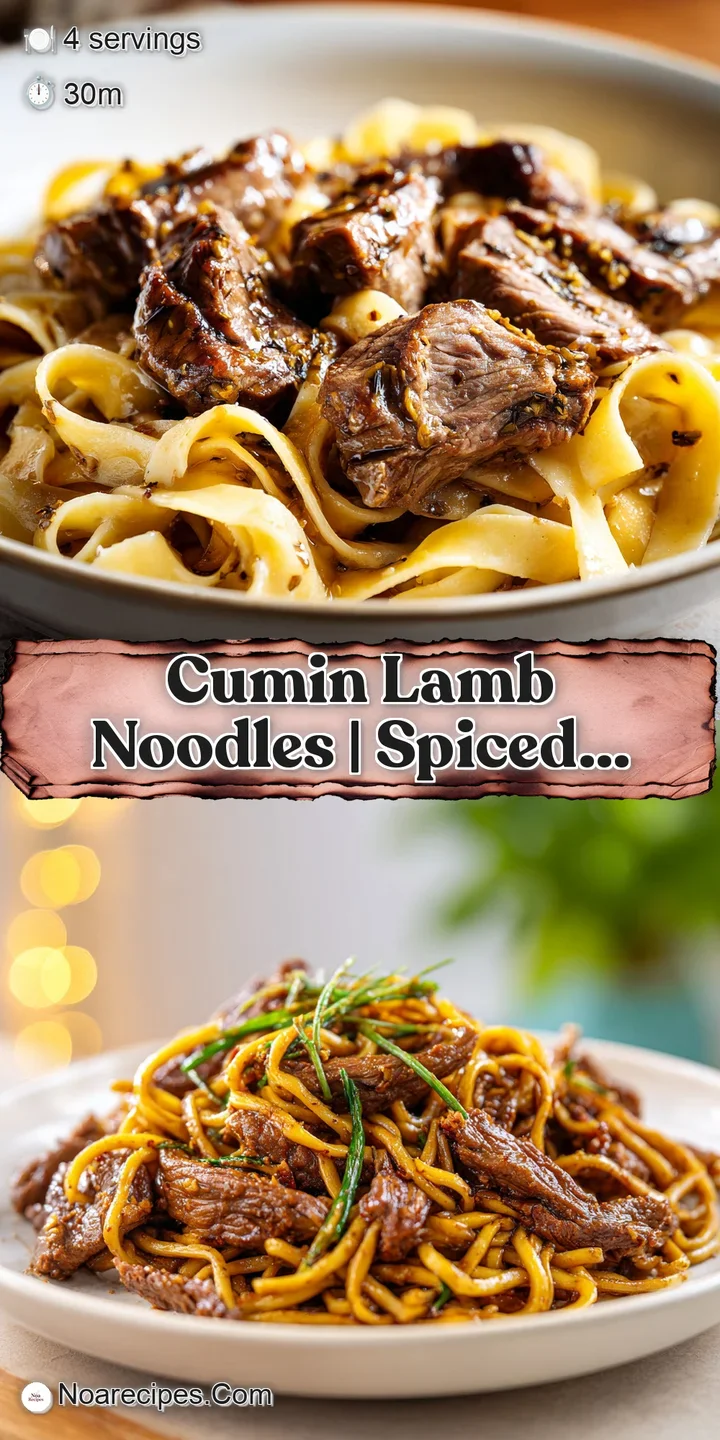 Close-up of tender, spiced lamb pieces and glossy noodles coated in a rich, aromatic cumin-infused oil.