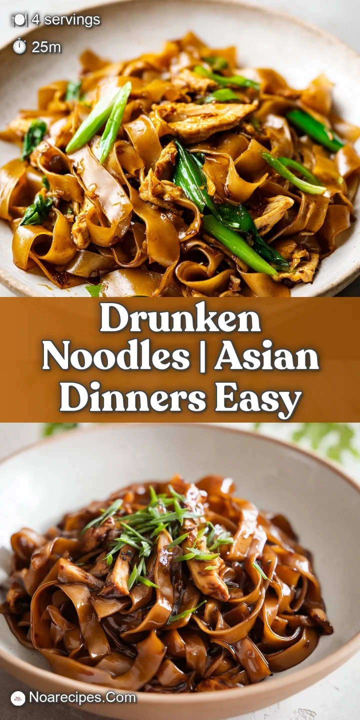 Close-up of translucent, wide noodles drenched in a rich brown sauce with shimmering oil and crisp green vegetables.