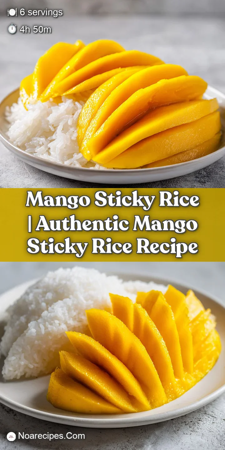 Macro shot of velvety coconut cream drizzling over glistening white rice and a slice of juicy, bright orange mango.