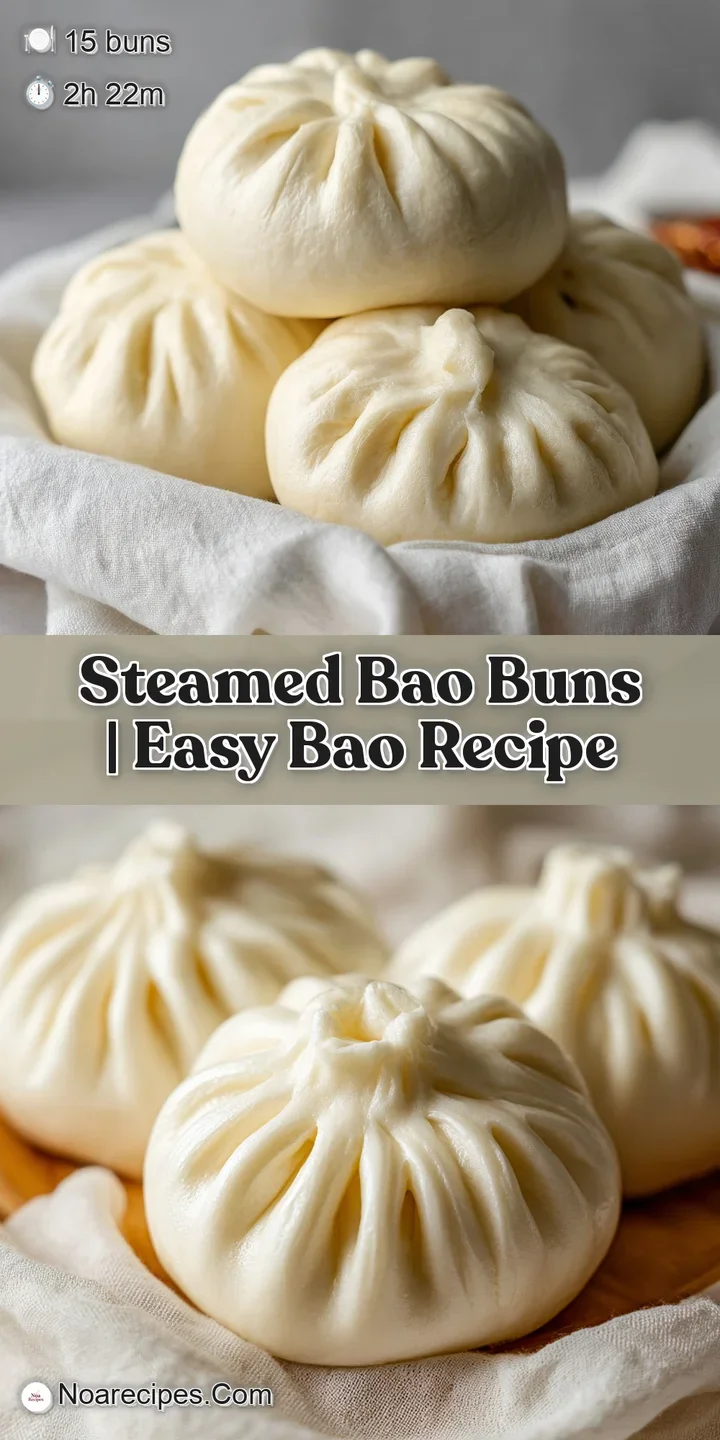 Close-up of a split open airy bun revealing a succulent savory filling and a drizzle of glossy brown sauce.