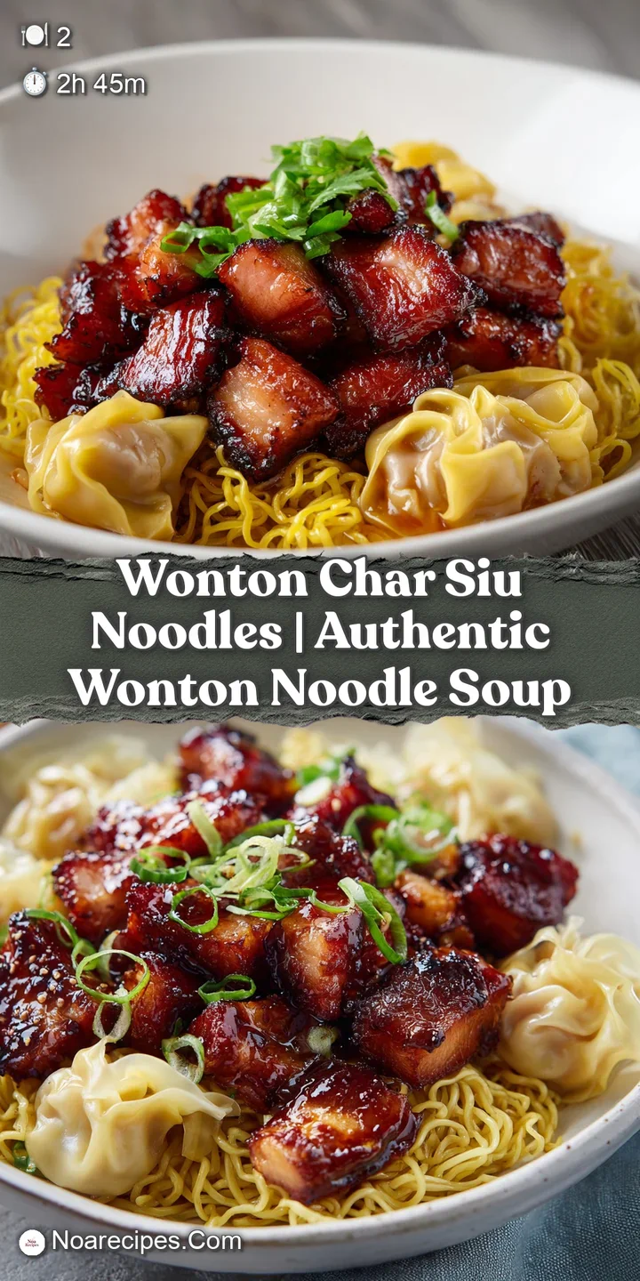 Close-up of glistening honey-glazed pork and a plump, golden dumpling resting on a bed of silky, yellow noodles.