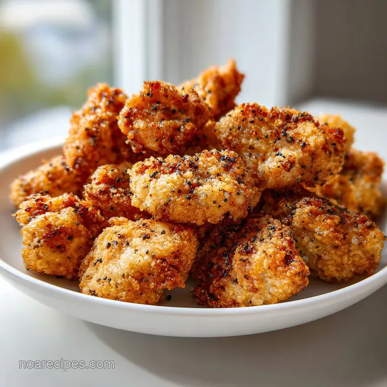 Golden chicken bites piled high on a white ceramic platter, garnished with sliced green onions and red chilies.