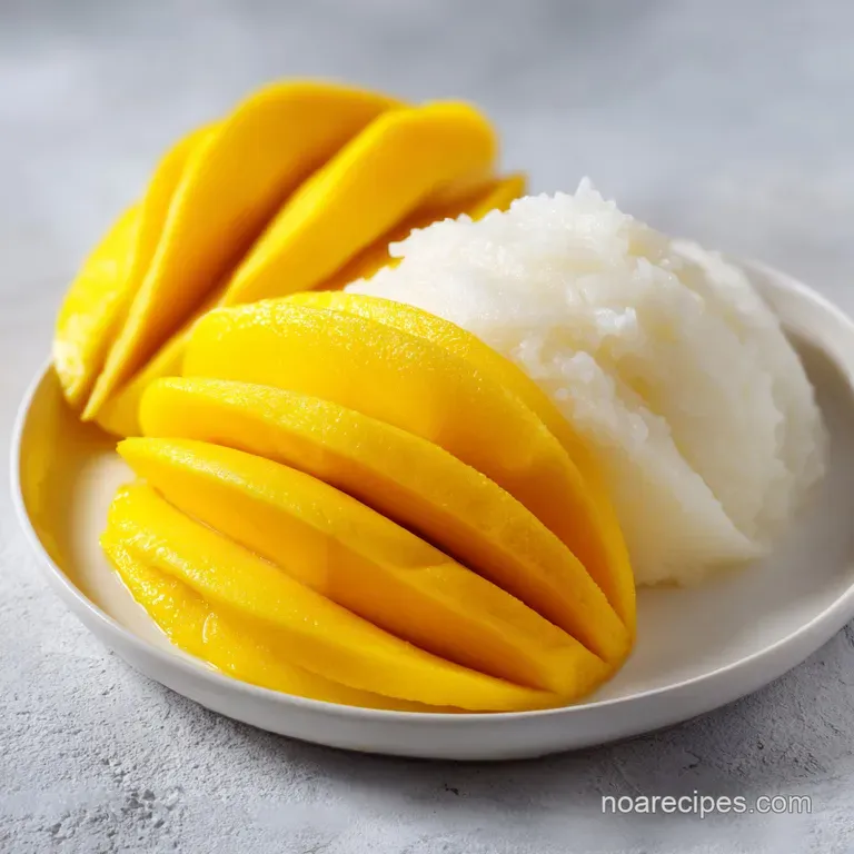 Vibrant yellow mango slices artfully arranged next to a mound of glistening rice, drizzled in creamy white sauce.