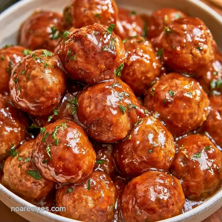 Sizzling brown meatballs arranged on a white platter, garnished with fresh green parsley and a side of red sauce.
