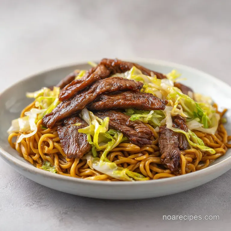 A heap of glossy, stir-fried noodles and seared beef served in a white bowl with a sprinkle of green onions.