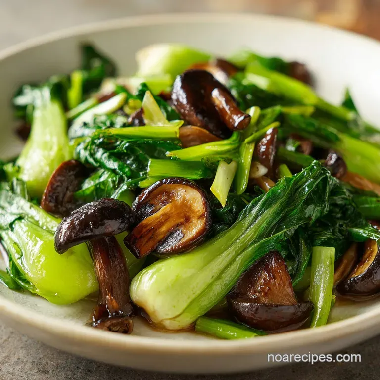 Glossy stir-fry served in a white ceramic bowl, showcasing bright green bok choy and golden-brown sliced mushrooms.