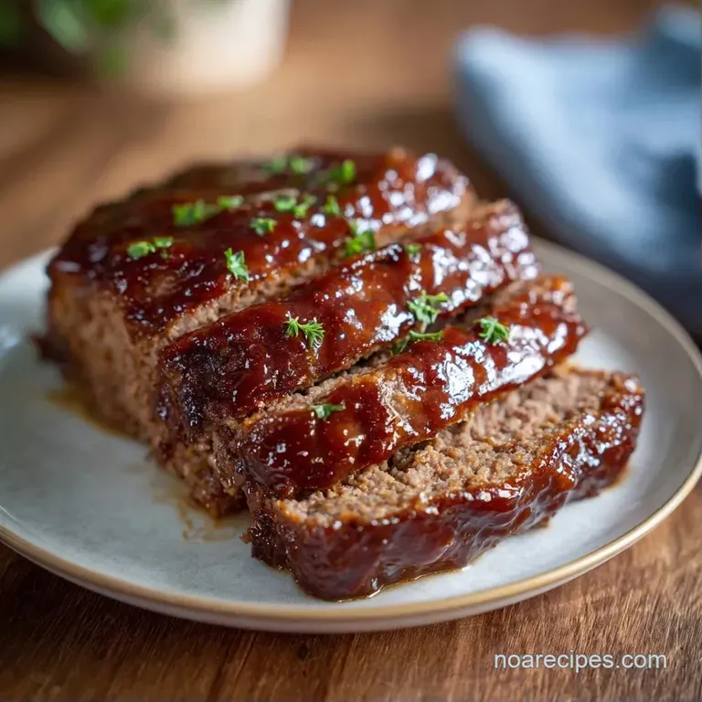 Glazed meatloaf slice on a white plate with vibrant green beans and creamy potatoes, garnished with fresh parsley.