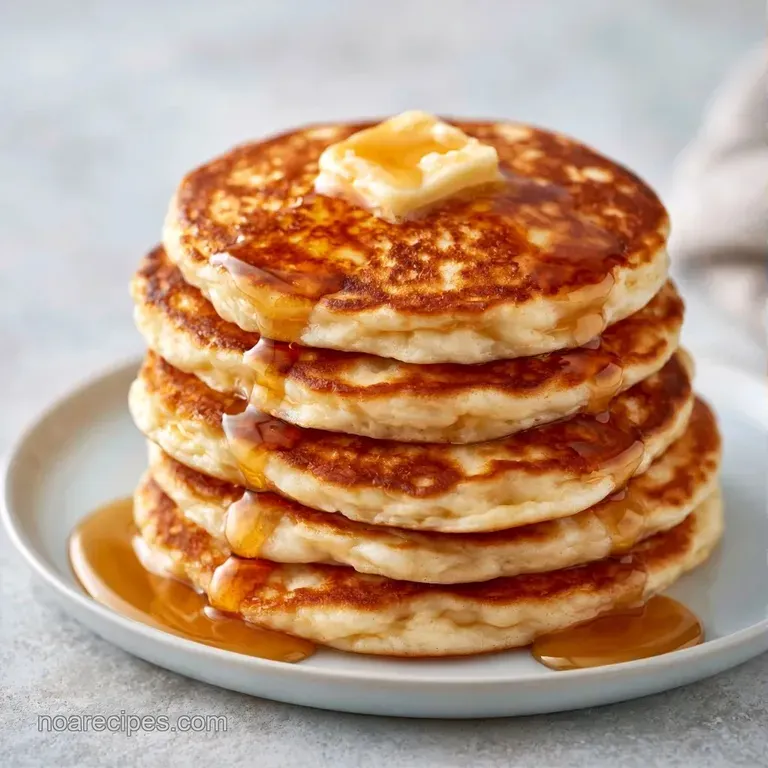 A towering stack of golden cakes on a white ceramic plate, drizzled with syrup and topped with fresh blueberries.