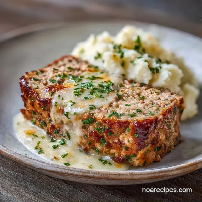 A square slice of browned meatloaf and melted cheese served on a matte ceramic plate with a sprig of fresh parsley.