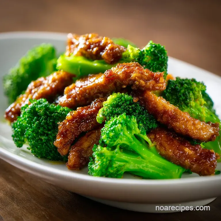 A white ceramic plate featuring neatly arranged glazed chicken pieces and bright green, crisp broccoli florets.