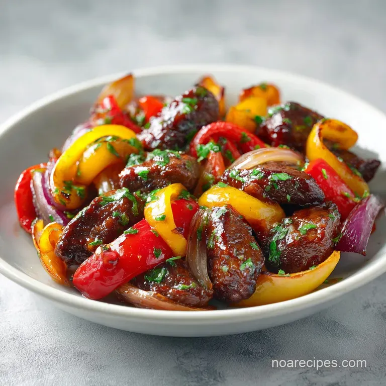 Tender browned meat and sweet onions elegantly plated with a sprinkle of fresh green parsley on a white ceramic dish.