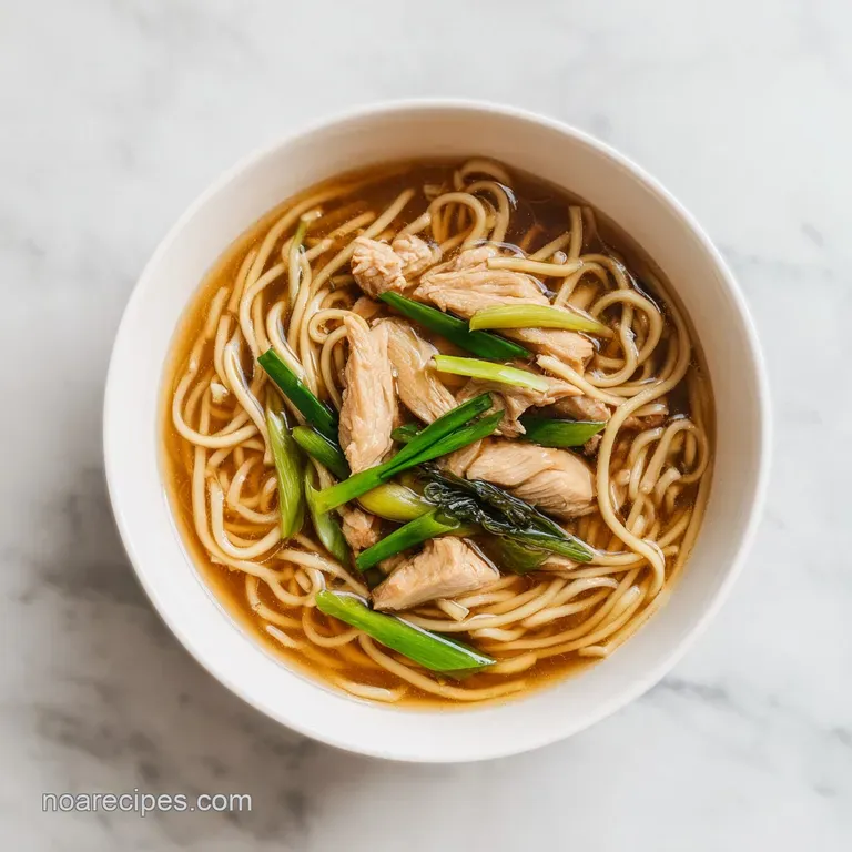 Elegant white porcelain bowl of clear savory broth with thin noodles, sliced ginger, and a sprinkle of green herbs.