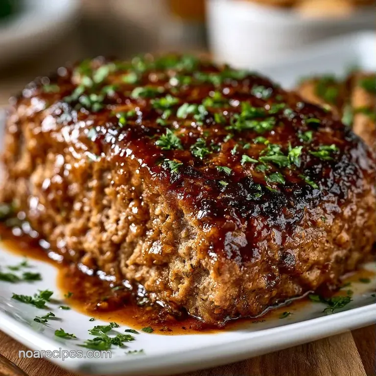 Thick slices of glazed meat resting on creamy mashed potatoes, garnished with a sprig of fresh green parsley.