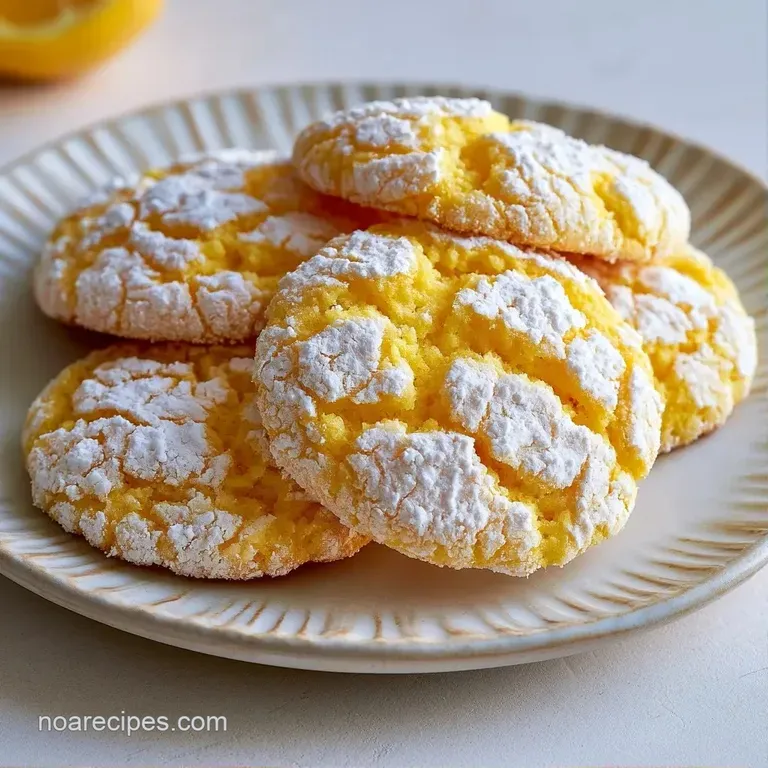 A stack of citrus-hued cookies dusted in white sugar, paired with fresh lemon slices on a marble countertop.