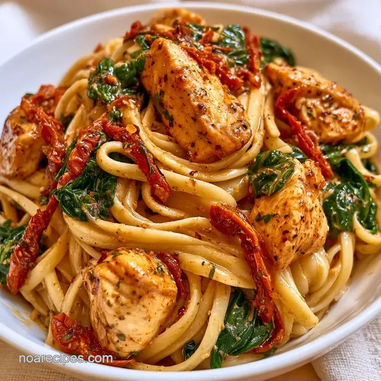 Elegantly plated creamy pasta with golden chicken and spinach, finished with a dusting of white parmesan.