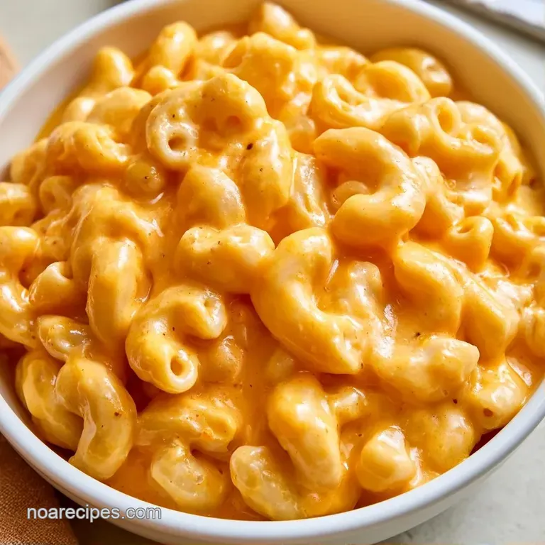 A neat serving of rich, melted cheese pasta in a white bowl, accented with a sprig of fresh green parsley.