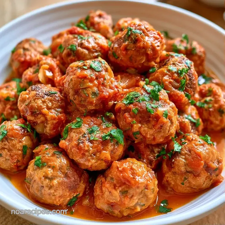 Three browned meatballs nested on a swirl of al dente pasta, drizzled with glossy red sauce and a basil leaf.