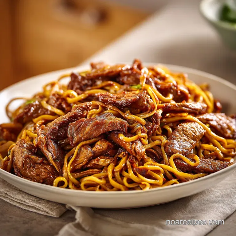 An elegant ceramic bowl filled with glistening noodles and seasoned lamb, garnished with bright cilantro.