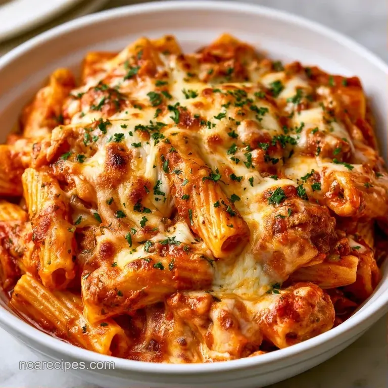 A ceramic baking dish filled with cheesy pasta, garnished with herbs and served alongside toasted garlic bread.