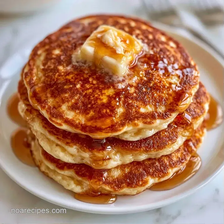 Stacked golden discs on a white ceramic plate, topped with fresh berries and a drizzle of glossy, translucent syrup.