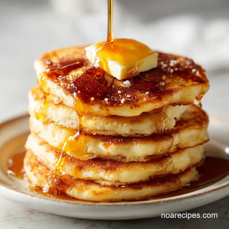 Airy, golden-brown pancakes stacked on a white ceramic plate with fresh blueberries and a dusting of powdered sugar.
