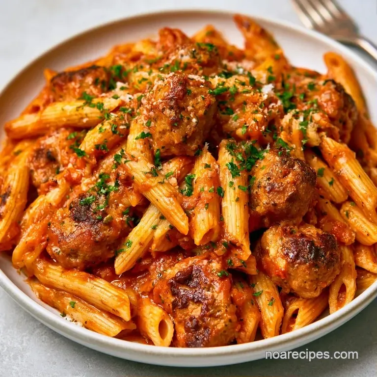 A wide ceramic baking dish filled with gooey melted cheese, hearty meatballs, and a sprinkle of fresh parsley.