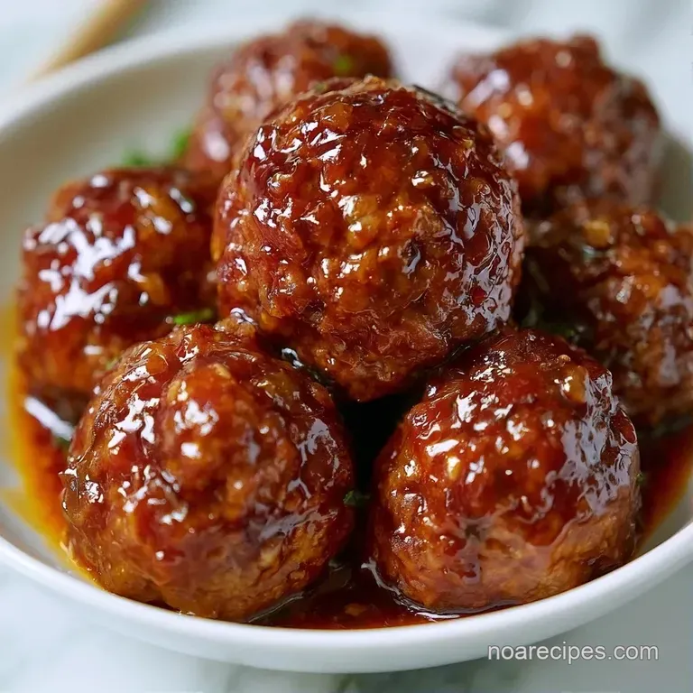 Tender brown meatballs coated in a shimmering sauce, garnished with green herbs in a modern white porcelain dish.