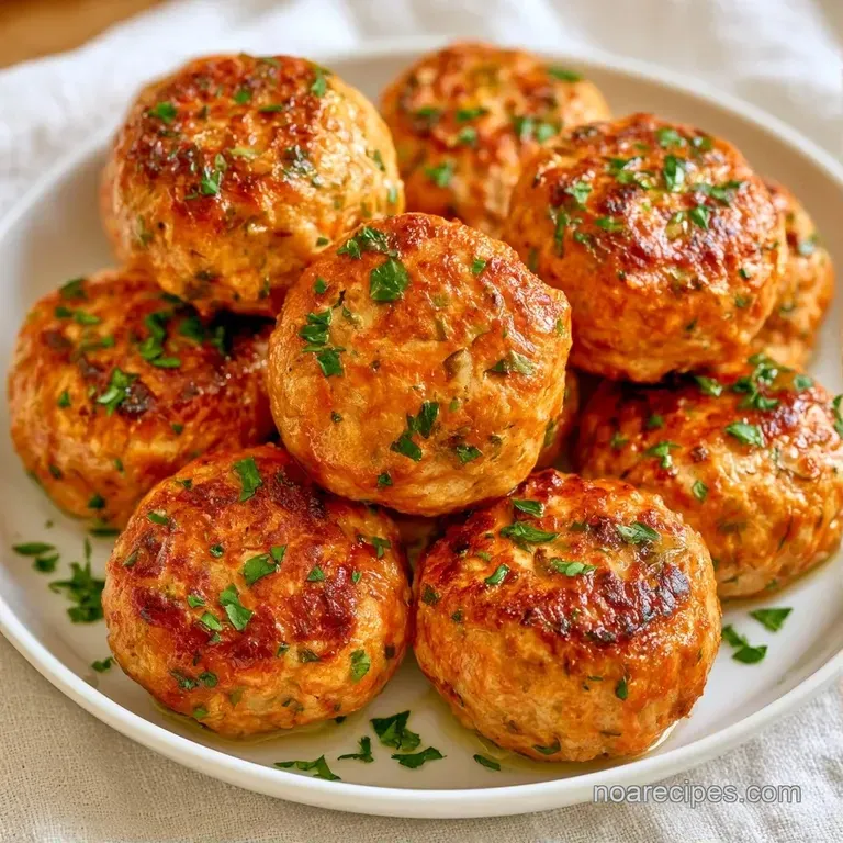 Savory browned meatballs on a white platter, garnished with vibrant green parsley and a drizzle of rich sauce.