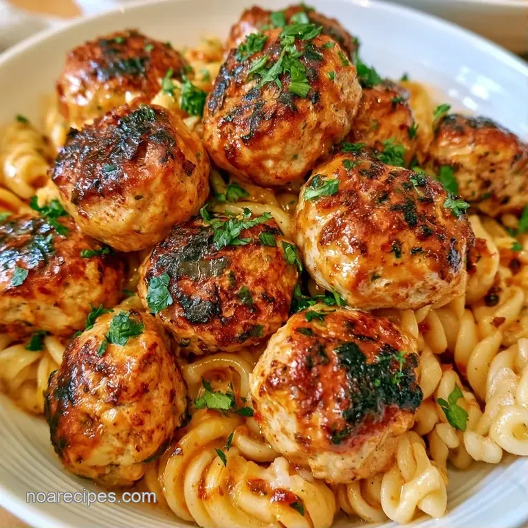 A white ceramic bowl of pasta topped with seared meatballs, fresh parsley, and a dusting of grated parmesan cheese.