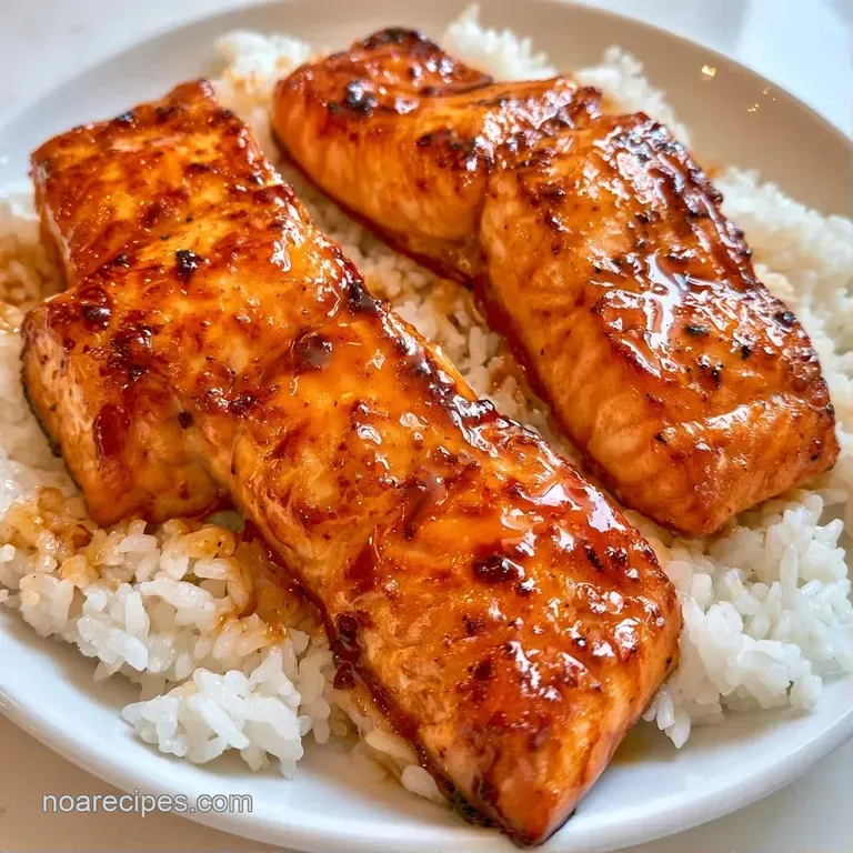 An elegant bowl of white rice topped with glazed salmon, creamy avocado, and a drizzle of spicy orange sauce.