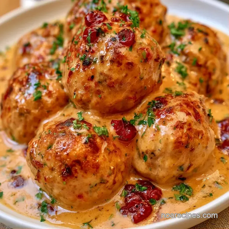 Plated brown meatballs smothered in a velvety white cream sauce, garnished with bright green herbs on a white dish.