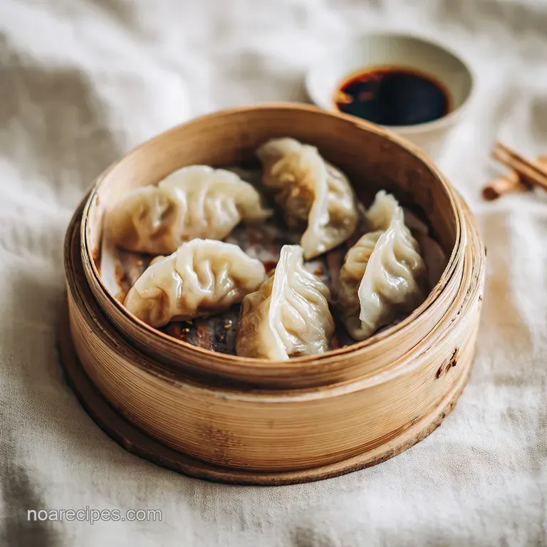Pleated translucent parcels arranged in a bamboo steamer, garnished with slivered ginger and fresh green scallions.