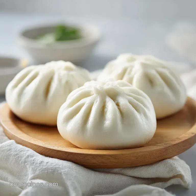 Three snow-white fluffy buns arranged on a dark slate plate, accented by vibrant green scallions and sesame.