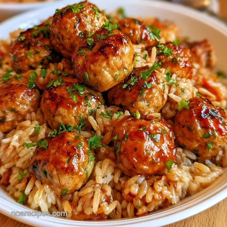 A portion of glazed meatballs and tender rice on a white plate, garnished with sesame seeds and fresh scallions.