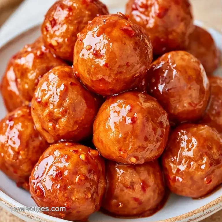 Three glazed, dark mahogany meatballs arranged neatly on a white plate, garnished with a sprinkle of chopped herbs.