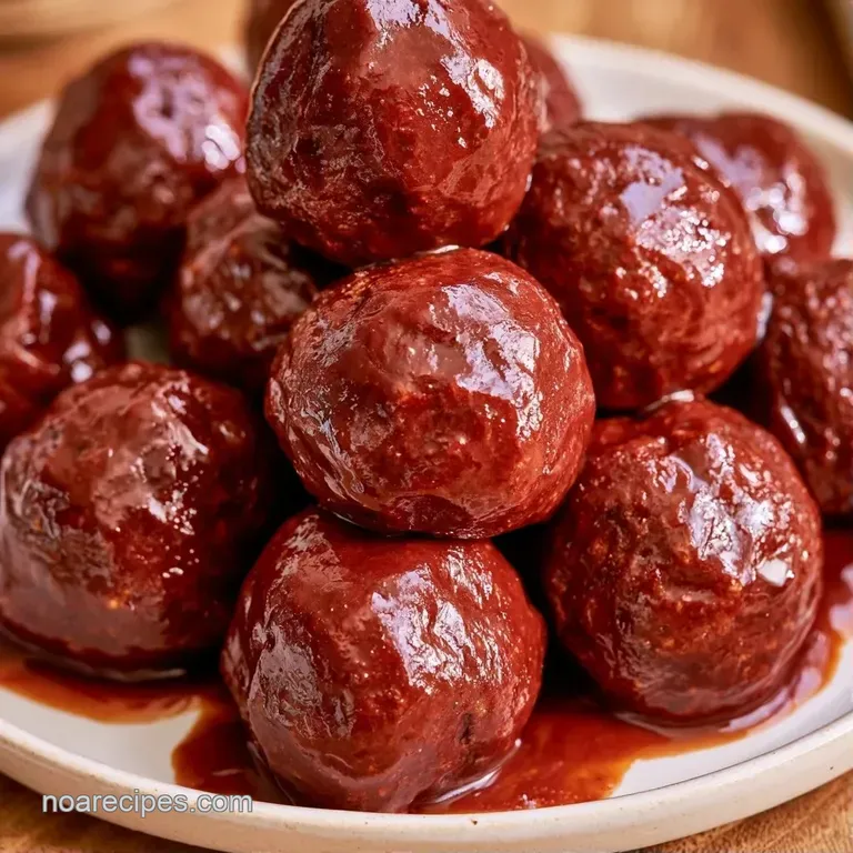 Glossy, mahogany-colored meatballs arranged on a white platter, garnished with bright green chopped parsley and seeds.