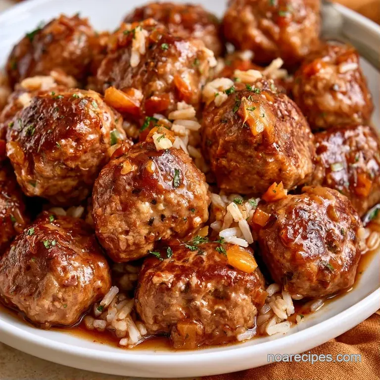 Hearty meatballs in rich brown gravy served in a white ceramic bowl, garnished with fresh bright green parsley.