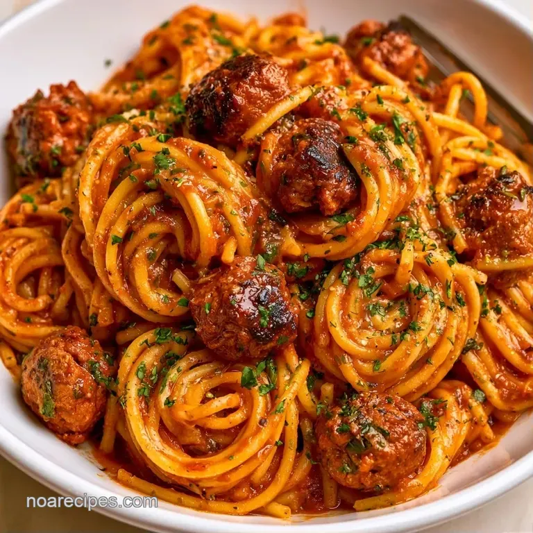 Swirled nest of pasta topped with seared brown meatballs and a vibrant red sauce on a minimalist white plate.