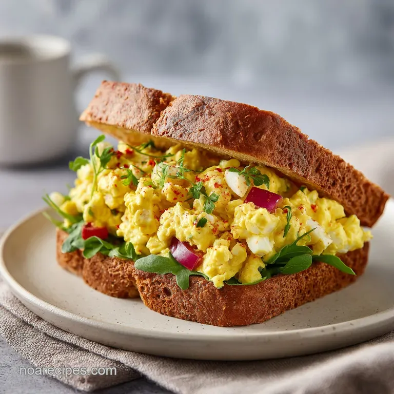 Two crustless sandwich halves with smooth yellow filling, plated on a white ceramic dish with fresh microgreens.