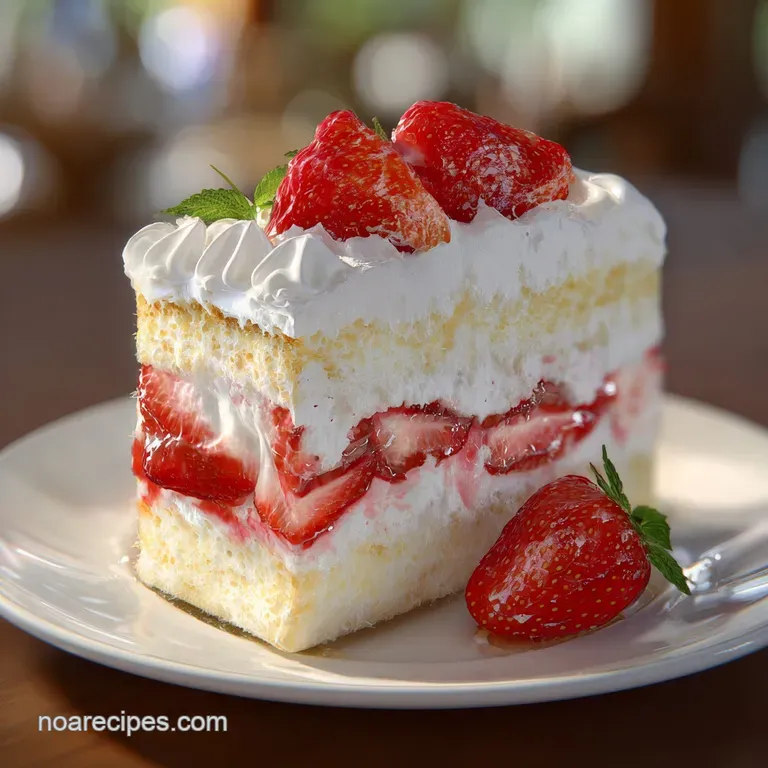 A neat slice of white sponge cake topped with a swirl of cream and a whole strawberry on a white ceramic plate.