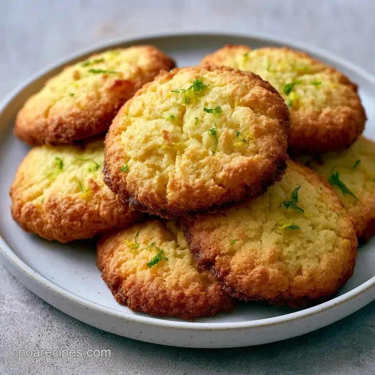 A stack of buttery pale yellow cookies on a white ceramic plate garnished with a fresh lemon slice and mint leaf.