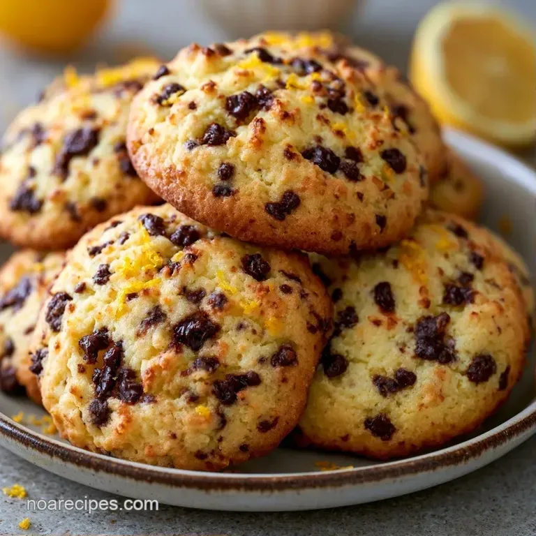A stack of soft, pale yellow cookies on a white ceramic plate, garnished with fresh lemon slices and mint.