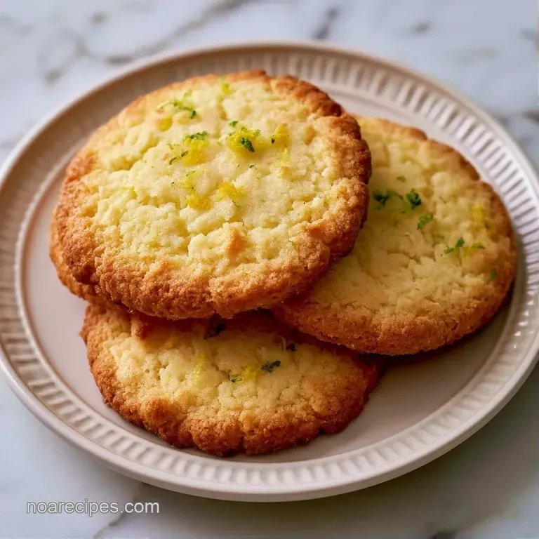 Stack of pale yellow butter cookies on a white platter, garnished with thin lemon slices and a sprig of mint.